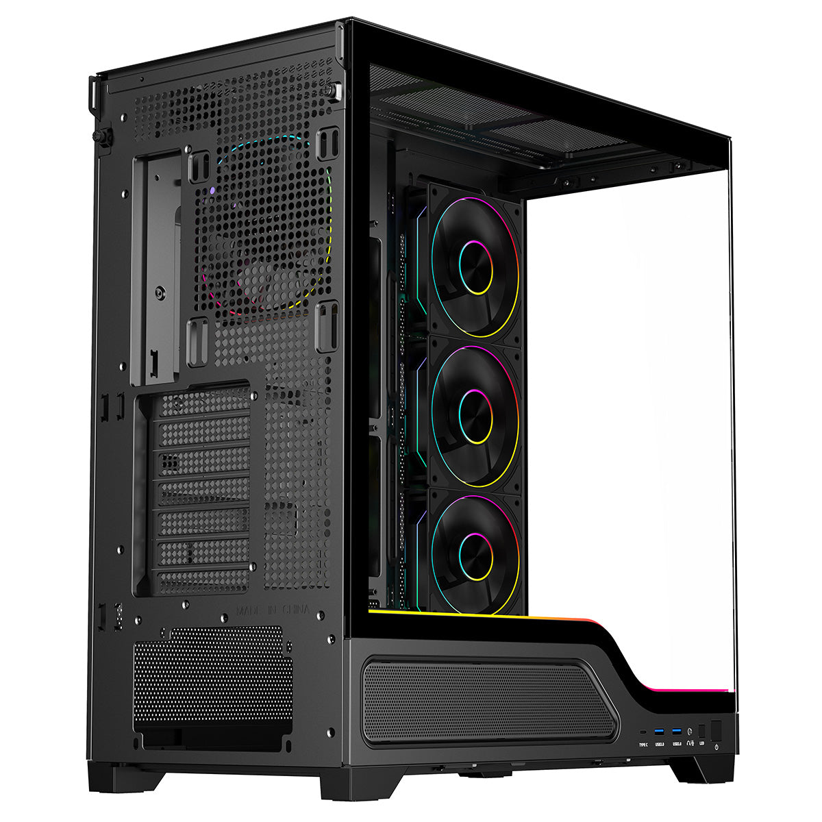 Powercool Pulsar Black ATX Gaming Case With Tempered Glass Panels With 4 x PWM ARGB Fans and 9 Port PWM Hub and RF Remote Included - Destello