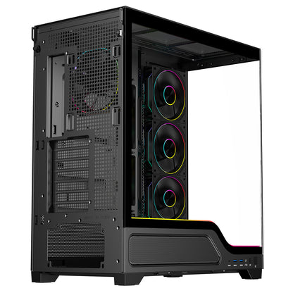 Powercool Pulsar Black ATX Gaming Case With Tempered Glass Panels With 4 x PWM ARGB Fans and 9 Port PWM Hub and RF Remote Included - Destello