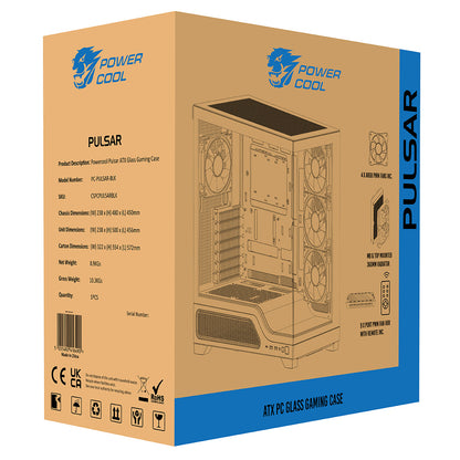 Powercool Pulsar Black ATX Gaming Case With Tempered Glass Panels With 4 x PWM ARGB Fans and 9 Port PWM Hub and RF Remote Included