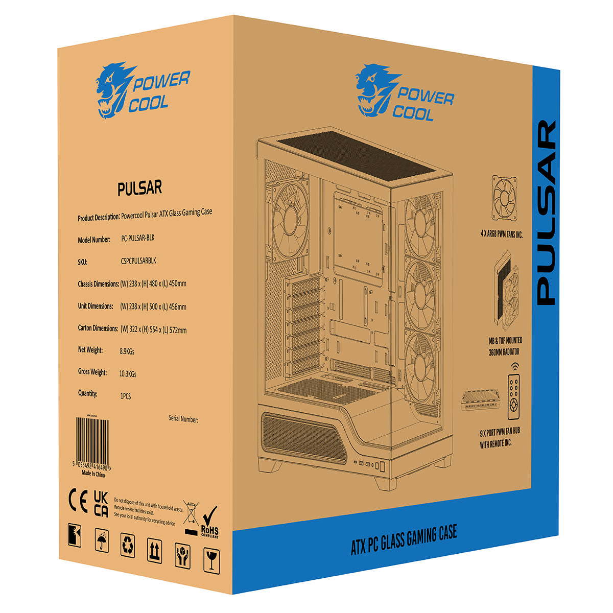 Powercool Pulsar Black ATX Gaming Case With Tempered Glass Panels With 4 x PWM ARGB Fans and 9 Port PWM Hub and RF Remote Included - Destello