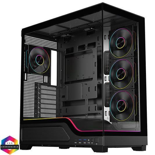 Powercool Pulsar Black ATX Gaming Case With Tempered Glass Panels With 4 x PWM ARGB Fans and 9 Port PWM Hub and RF Remote Included - Destello