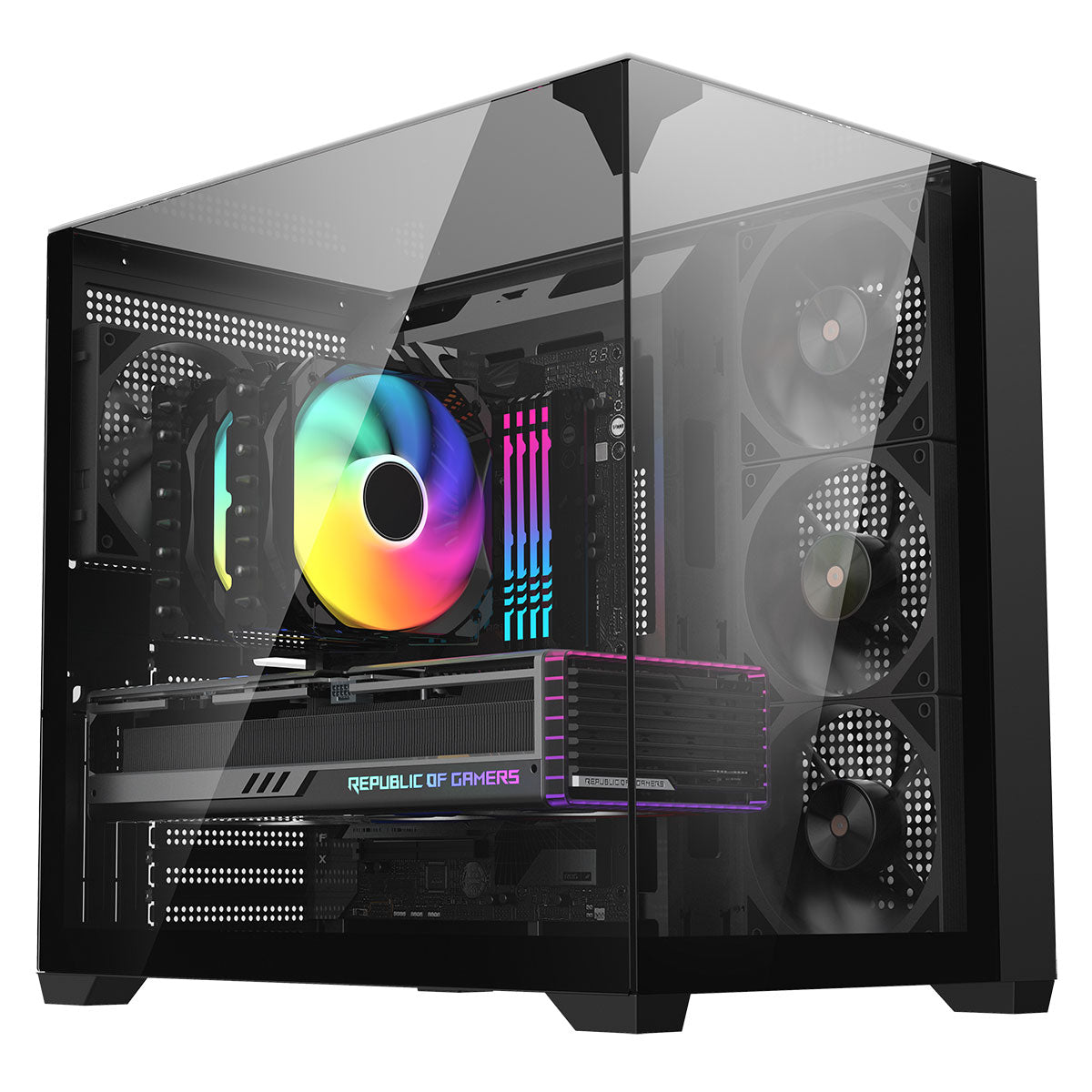 Powercool Pure Black ATX Gaming Case Dual Chamber With 3 x Tempered Glass Panels With 4 x PWM FDB Black Fans Included - Destello