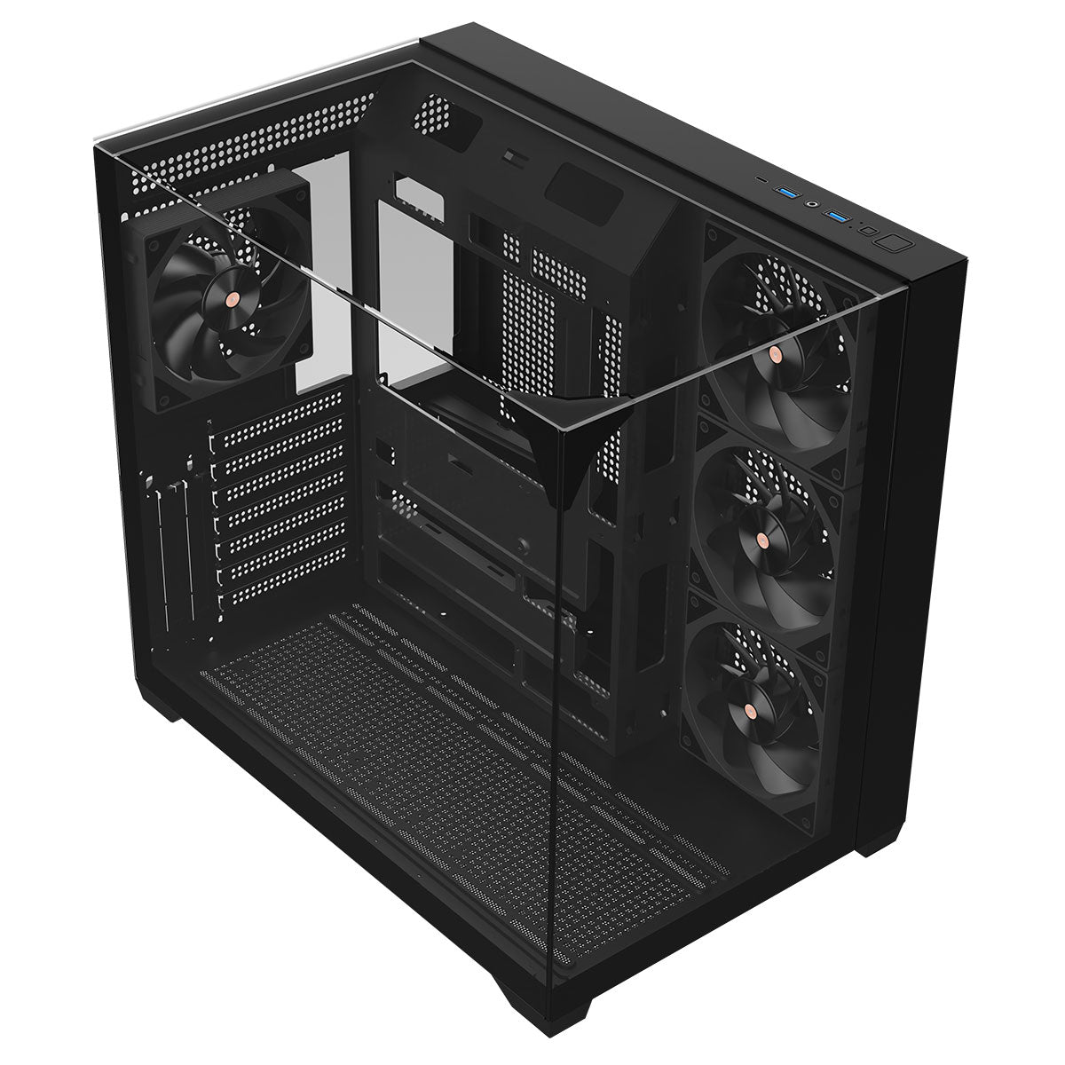 Powercool Pure Black ATX Gaming Case Dual Chamber With 3 x Tempered Glass Panels With 4 x PWM FDB Black Fans Included