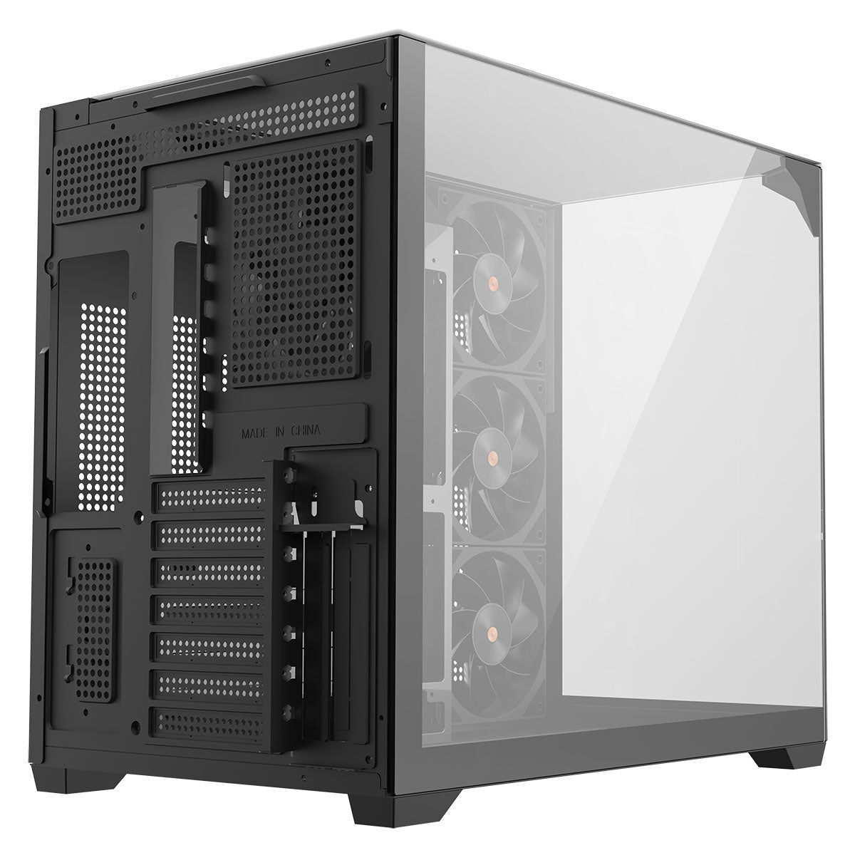 Powercool Pure Black ATX Gaming Case Dual Chamber With 3 x Tempered Glass Panels With 4 x PWM FDB Black Fans Included - Destello