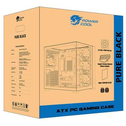 Powercool Pure Black ATX Gaming Case Dual Chamber With 3 x Tempered Glass Panels With 4 x PWM FDB Black Fans Included