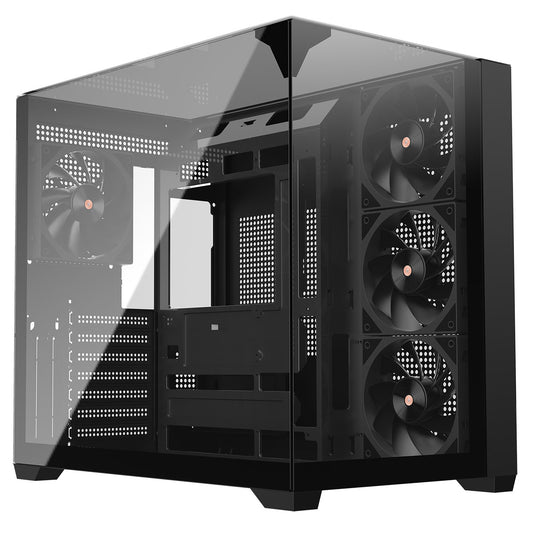 Powercool Pure Black ATX Gaming Case Dual Chamber With 3 x Tempered Glass Panels With 4 x PWM FDB Black Fans Included - Destello