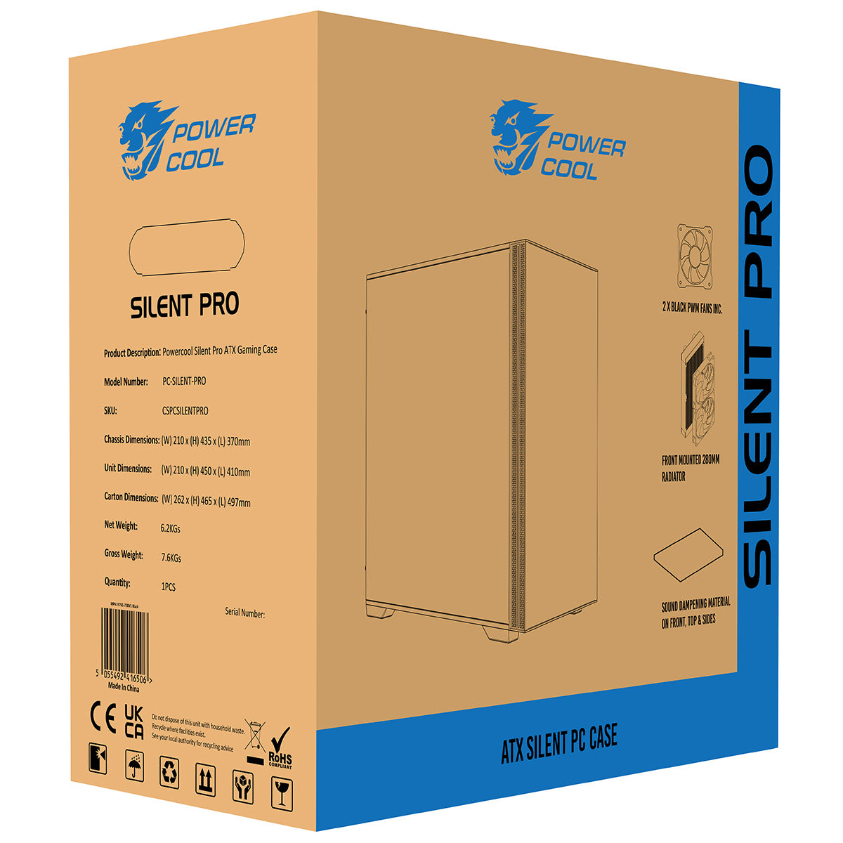 Powercool Silent Pro Black Mid-Tower USB Type C Computer Case With Sound Dampening Material and 2 x PWM Cooling Fans Included - Destello