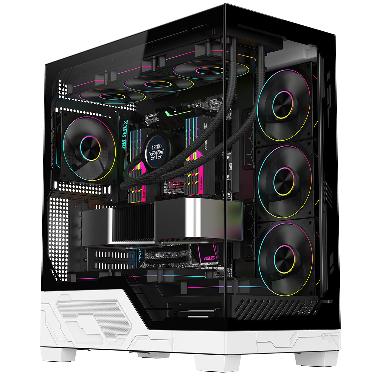 Powercool Ultra White ATX Gaming Case With Black Interior Tempered Glass Panels With 4 x PWM ARGB Fans and 9 Port PWM Hub Included