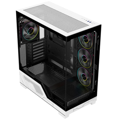 Powercool Ultra White ATX Gaming Case With Black Interior Tempered Glass Panels With 4 x PWM ARGB Fans and 9 Port PWM Hub Included - Destello