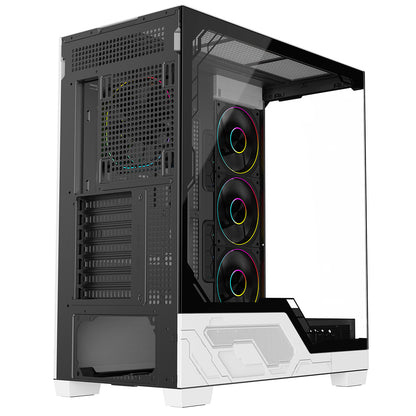 Powercool Ultra White ATX Gaming Case With Black Interior Tempered Glass Panels With 4 x PWM ARGB Fans and 9 Port PWM Hub Included - Destello