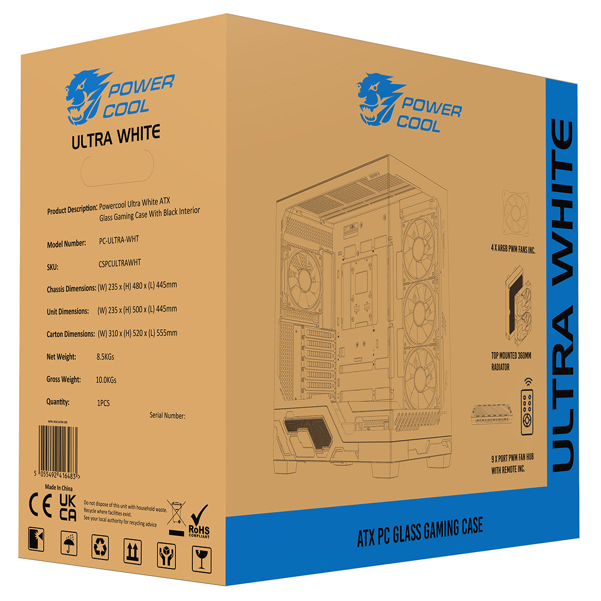 Powercool Ultra White ATX Gaming Case With Black Interior Tempered Glass Panels With 4 x PWM ARGB Fans and 9 Port PWM Hub Included - Destello