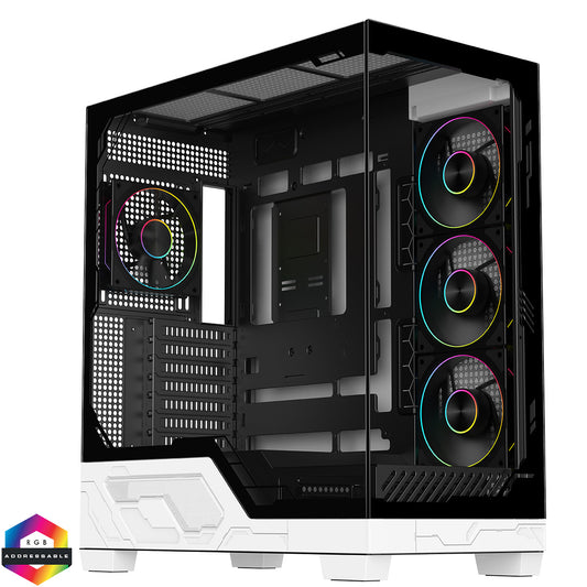 Powercool Ultra White ATX Gaming Case With Black Interior Tempered Glass Panels With 4 x PWM ARGB Fans and 9 Port PWM Hub Included - Destello