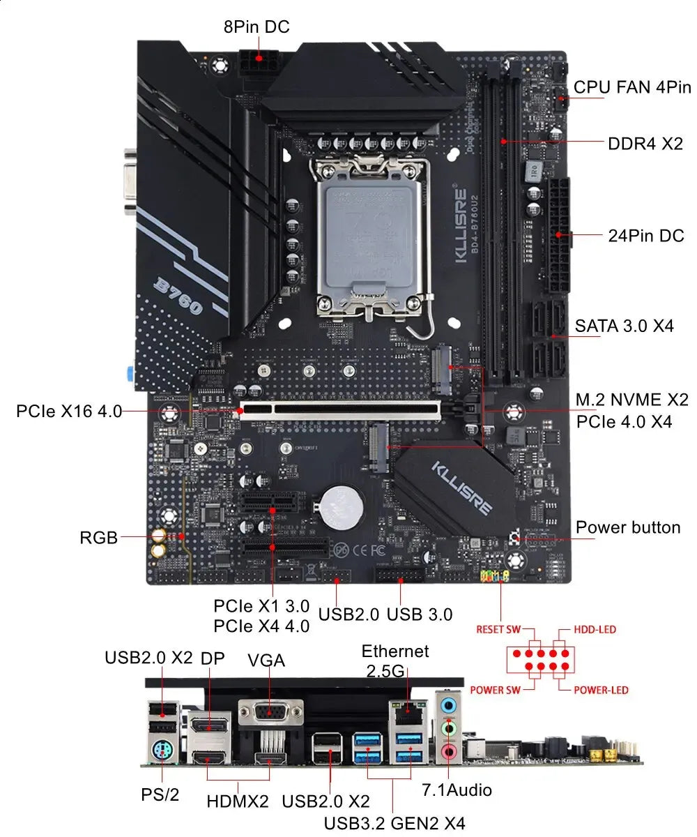 Kllisre B760 DDR4 Motherboard LGA 1700 Support Core I3/i5/i7/i9 12th 13th Processor Dual Channel Memory