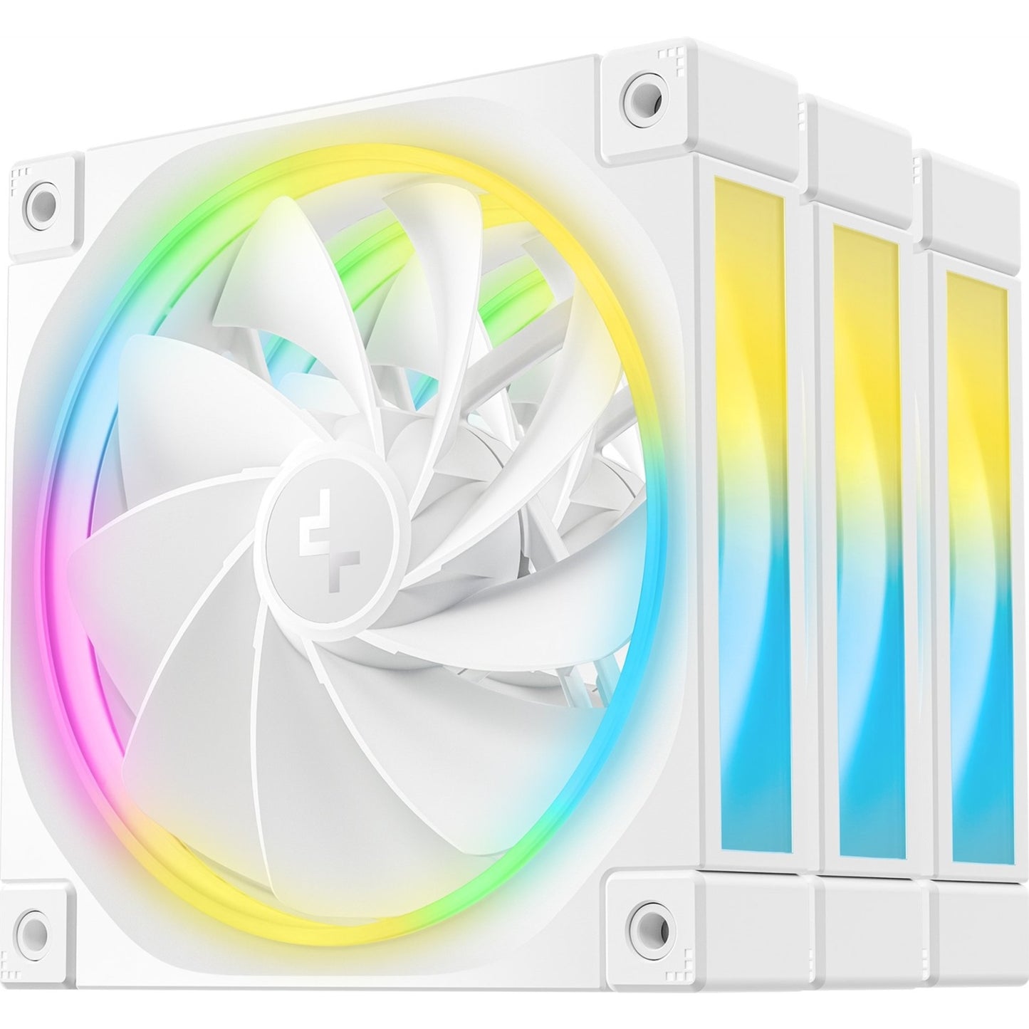 White RGB PC cooling fan with multicolor LED lighting, optimized for custom gaming builds