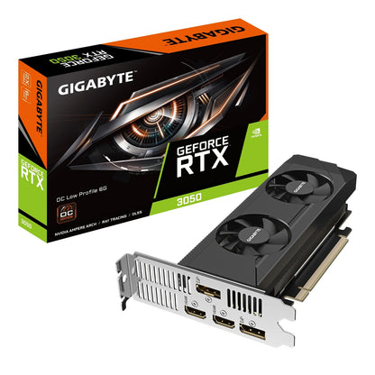 Gigabyte GeForce RTX 3050 graphics card with dual-fan design and retail packaging