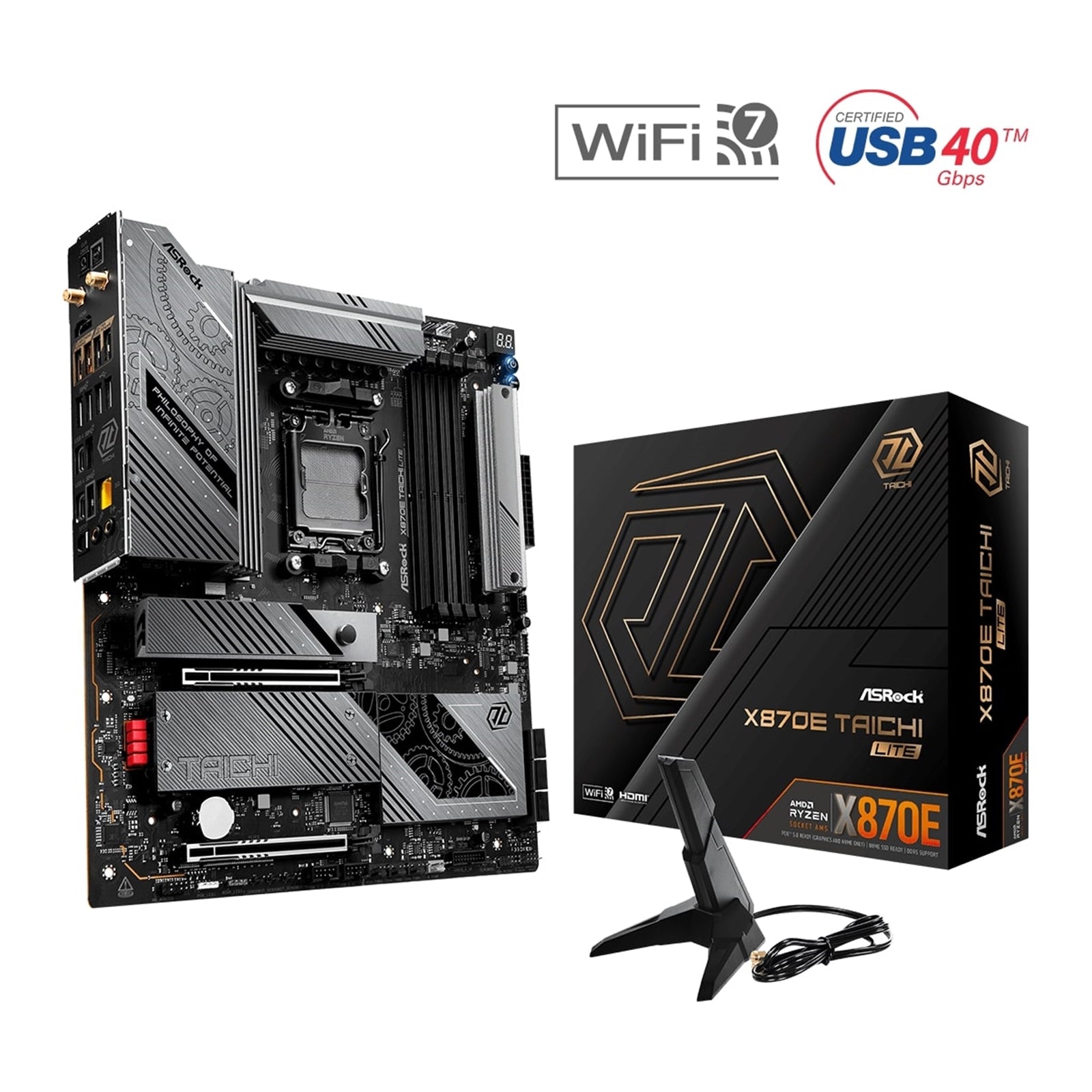 ASRock X870E TAICHI LITE AMD AM5 Socket Motherboard, E-ATX, 4x DDR5 Slots, 4x M.2 Sockets, Fitted I/O Shield, 5GbE LAN, Wi-Fi 7, 1x HDMI Port / 2x USB-C (USB4)