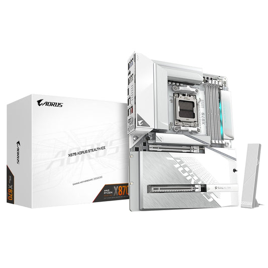 Gigabyte X870 AORUS STEALTH ICE AMD AM5 Socket Motherboard, ATX, 4x DDR5 Slots, 3x M.2 Socket, 5GbE LAN, 1x HDMI Port / 2x USB-C (USB4)