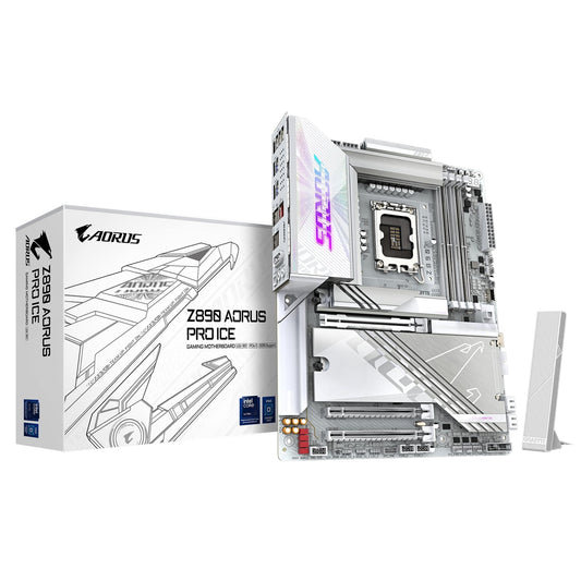 Gigabyte Z890 AORUS PRO ICE Intel 1851 Socket Motherboard, ATX, 4x DDR5 Slots, 5x M.2 Sockets, Fitted I/O Shield, 5GbE LAN, Wi-Fi 7, 2x USB-C (USB4)