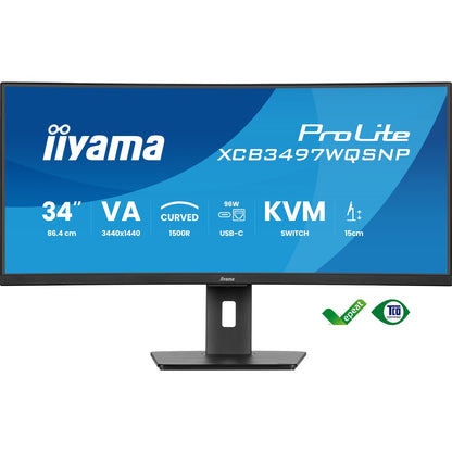 iiyama ProLite Curved Monitor XCB3497WQSNP-B1 34" VA Ultra-Wide Screen with KVM Switch, LAN, USB-C Dock, 0.4ms, 120Hz, HDMI, DisplayPort, Speakers, Height Adjustment