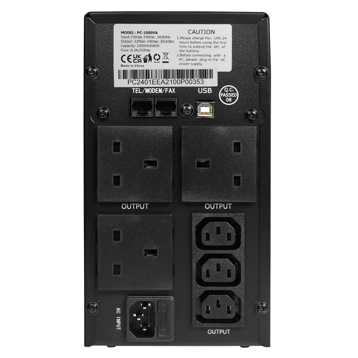 Powercool Smart UPS 1000VA 3 x UK Plug 3 x IEC RJ45 x 2 USB LED Display