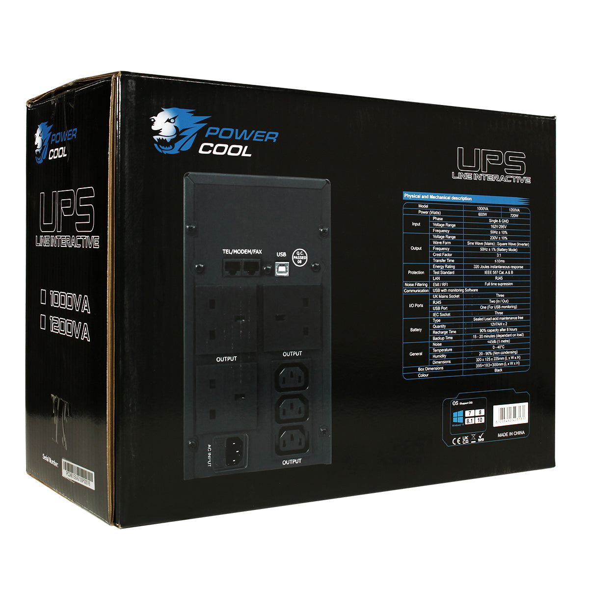 Powercool Smart UPS 1000VA 3 x UK Plug 3 x IEC RJ45 x 2 USB LED Display Powercool