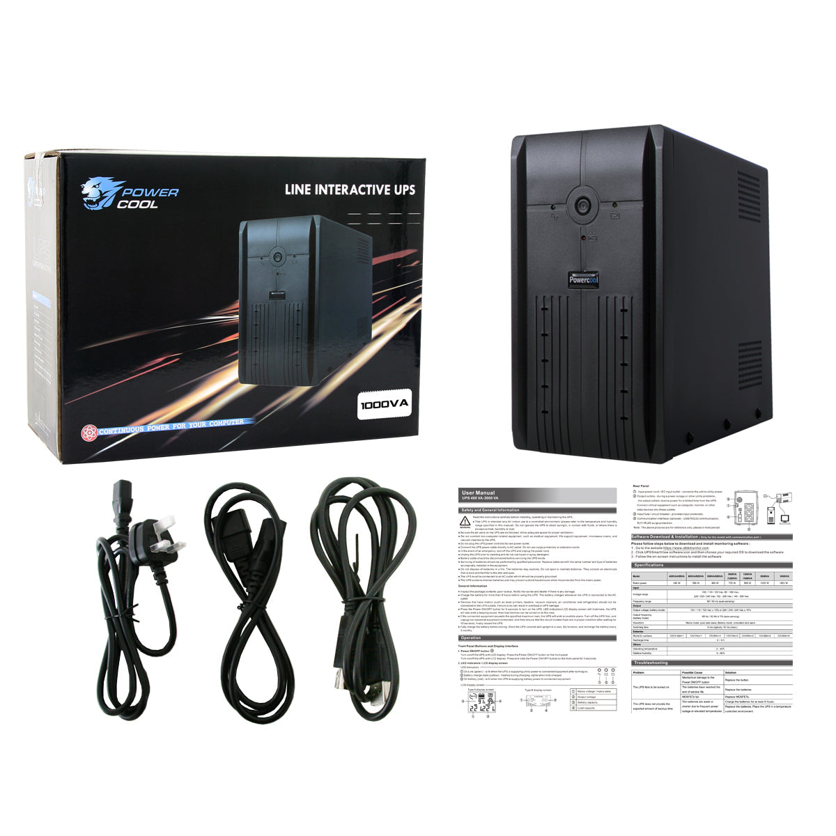 Powercool Smart UPS 1000VA 3 x UK Plug 3 x IEC RJ45 x 2 USB LED Display Powercool