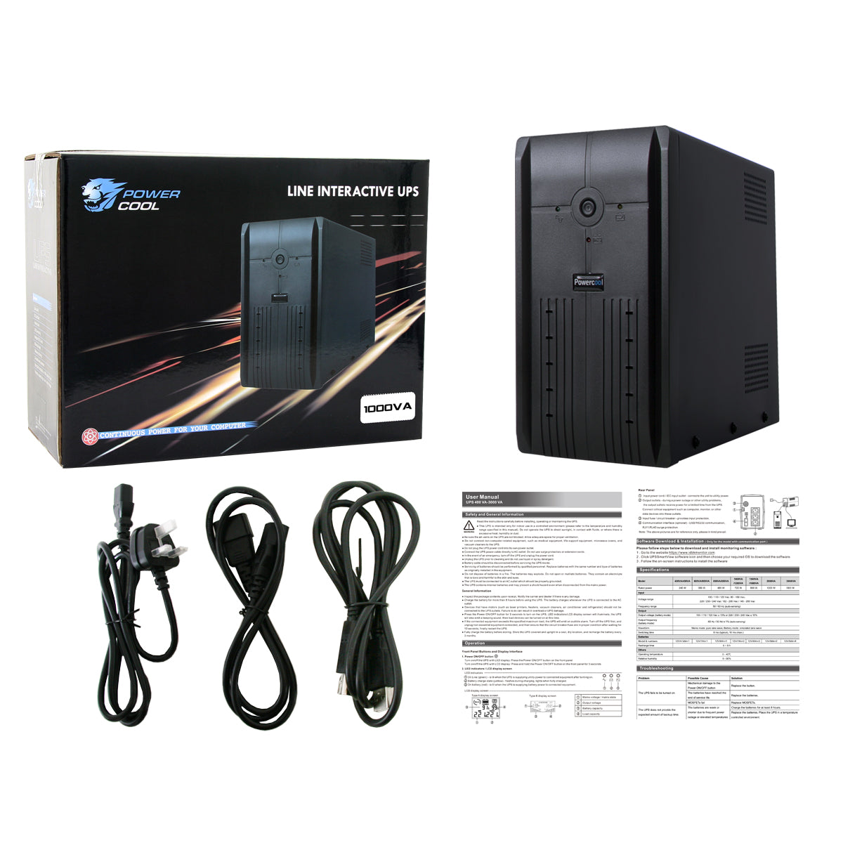 Powercool Smart UPS 1000VA 3 x UK Plug 3 x IEC RJ45 x 2 USB LED Display