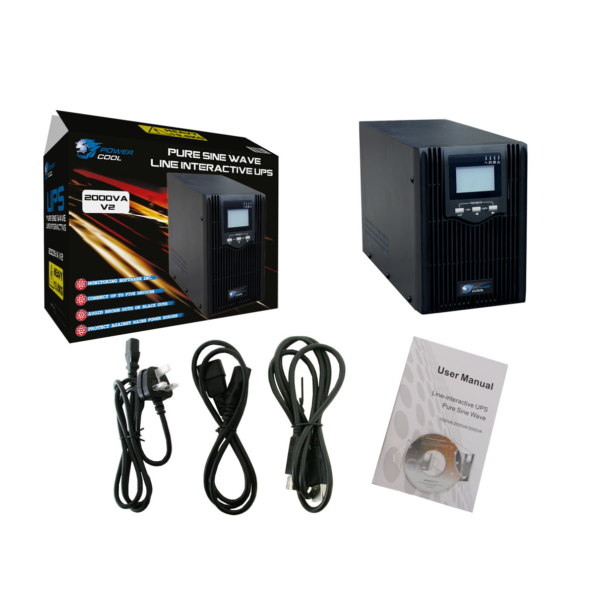 Powercool Smart UPS 2000VA 2 x UK Plug 3 x IEC RJ45 x 2 USB LCD Display Powercool