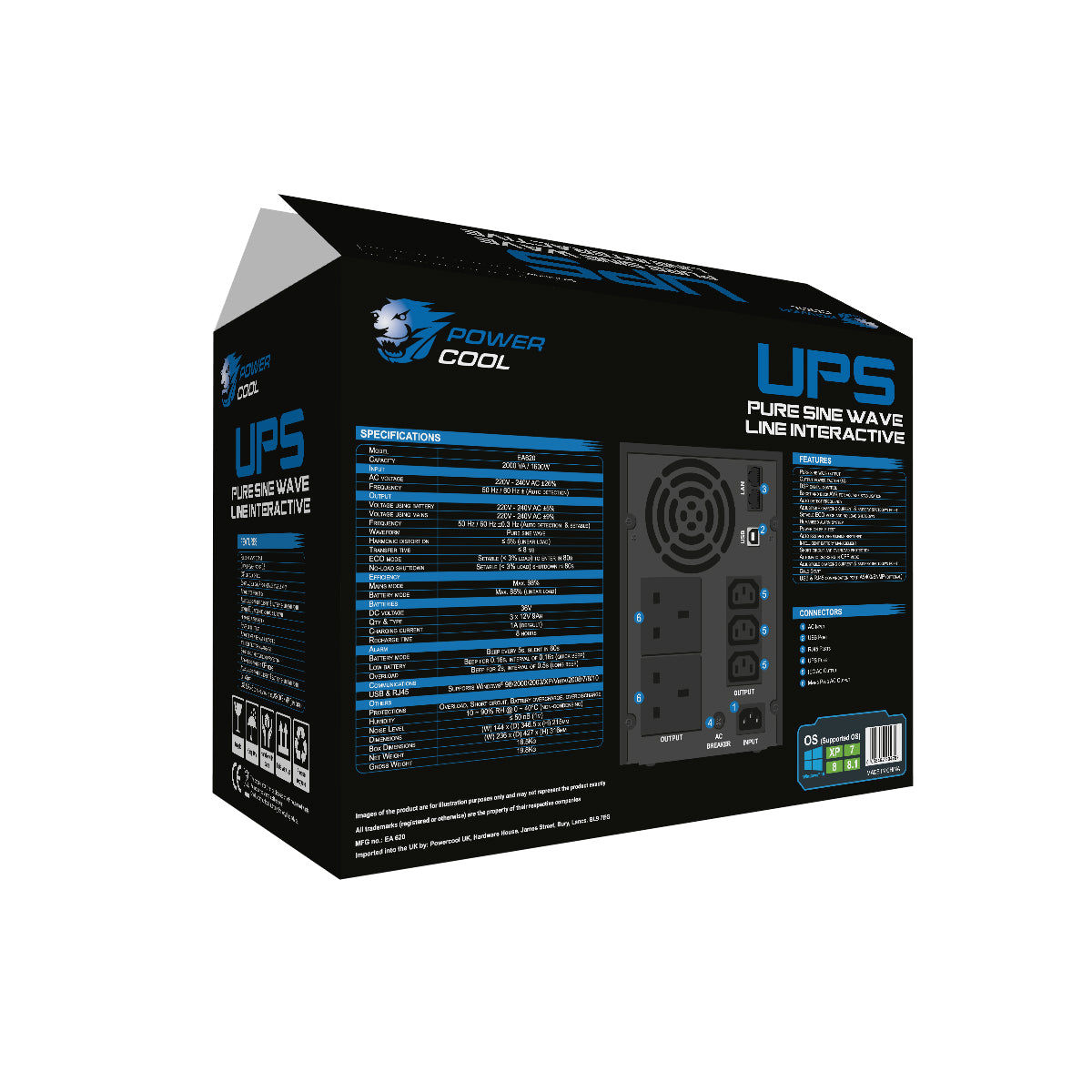 Powercool Smart UPS 2000VA 2 x UK Plug 3 x IEC RJ45 x 2 USB LCD Display Powercool
