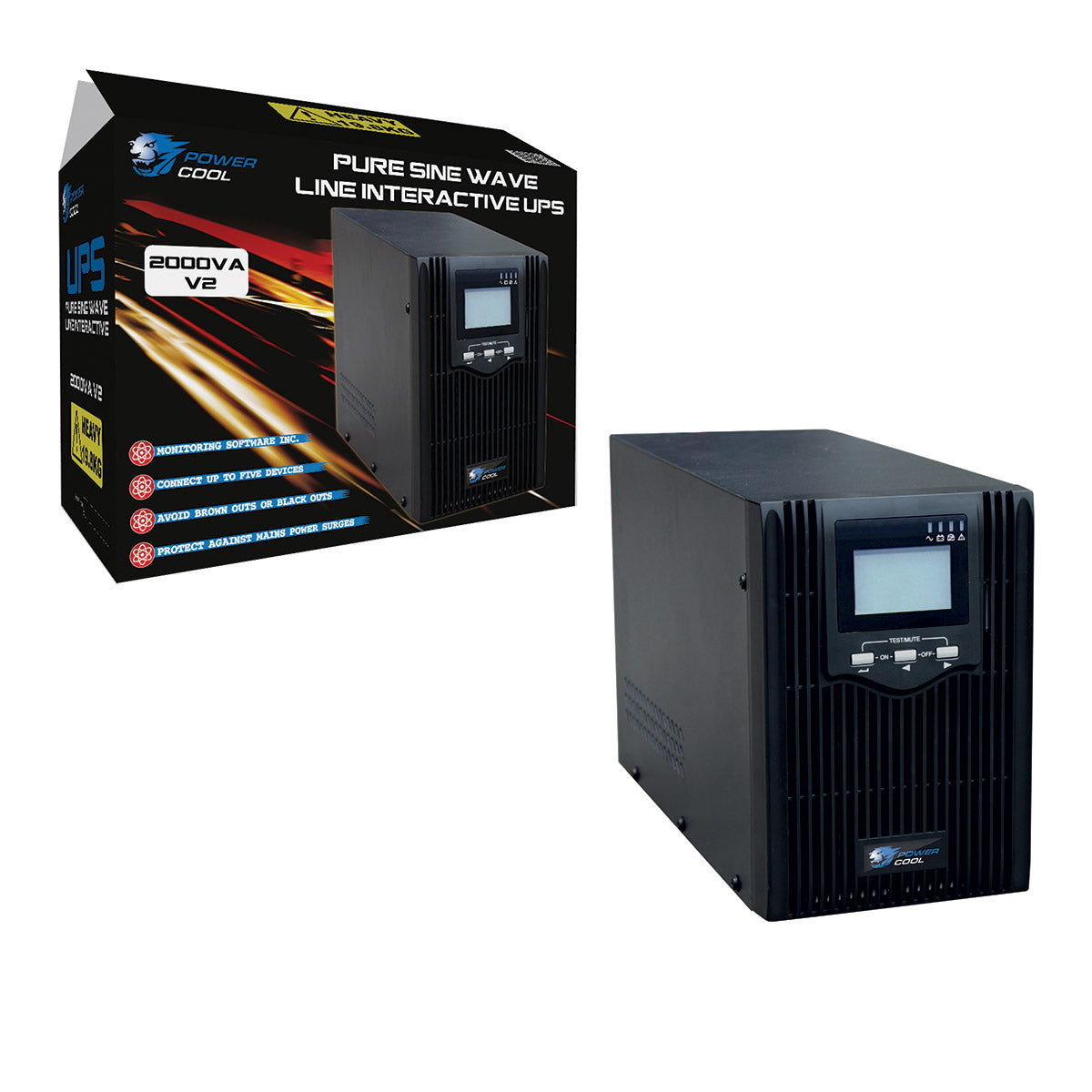 Powercool Smart UPS 2000VA 2 x UK Plug 3 x IEC RJ45 x 2 USB LCD Display Powercool