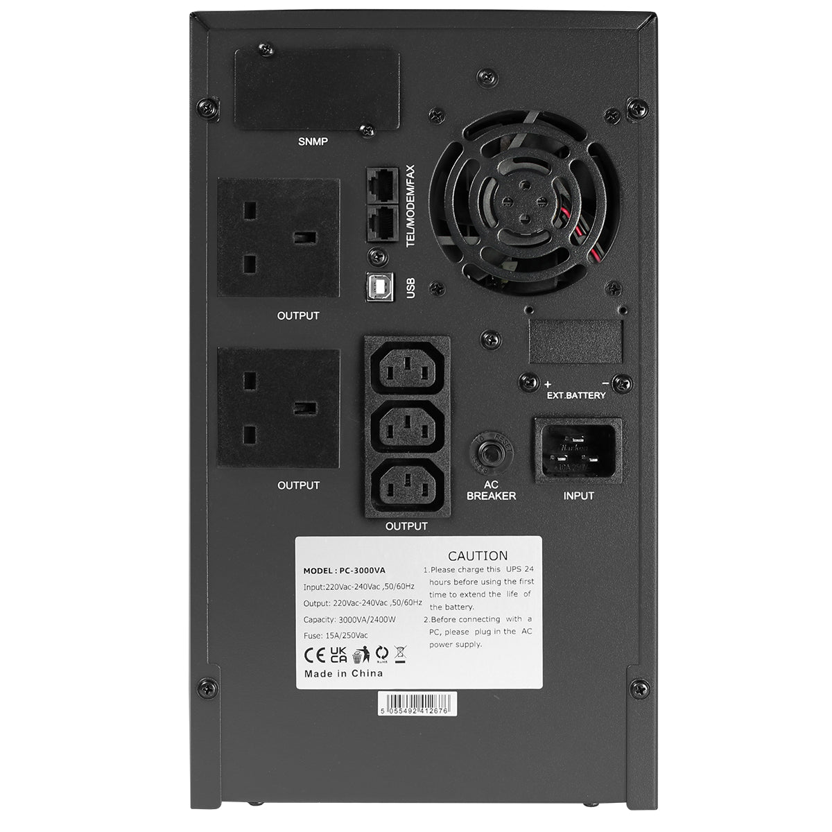 Powercool Smart UPS 3000VA 2 x UK Plug 3 x IEC RJ45 x 2 USB LCD Display