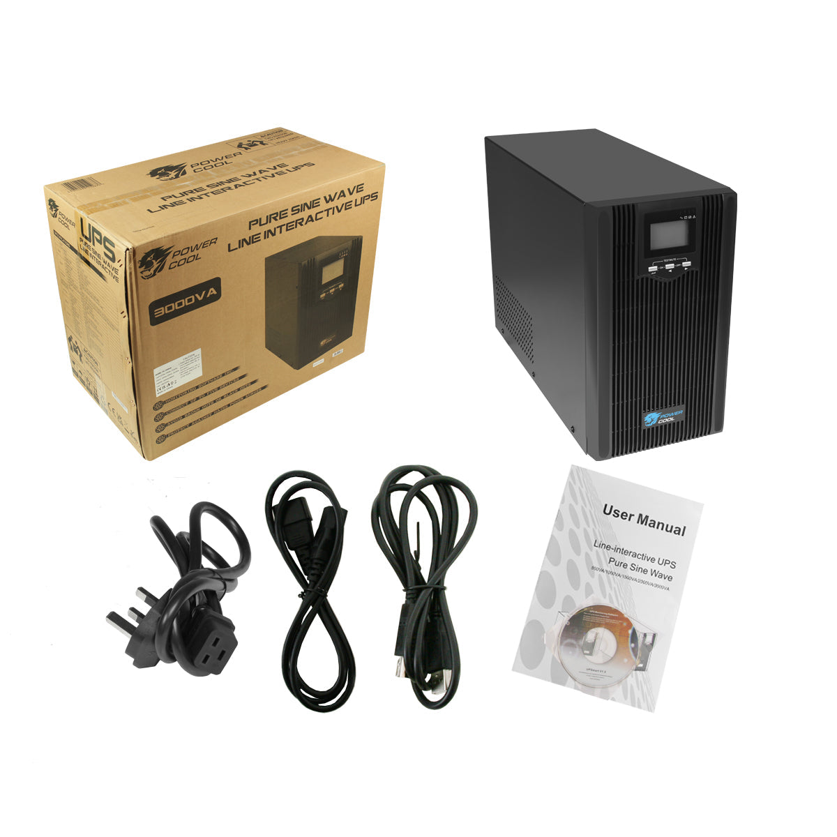 Powercool Smart UPS 3000VA 2 x UK Plug 3 x IEC RJ45 x 2 USB LCD Display Powercool