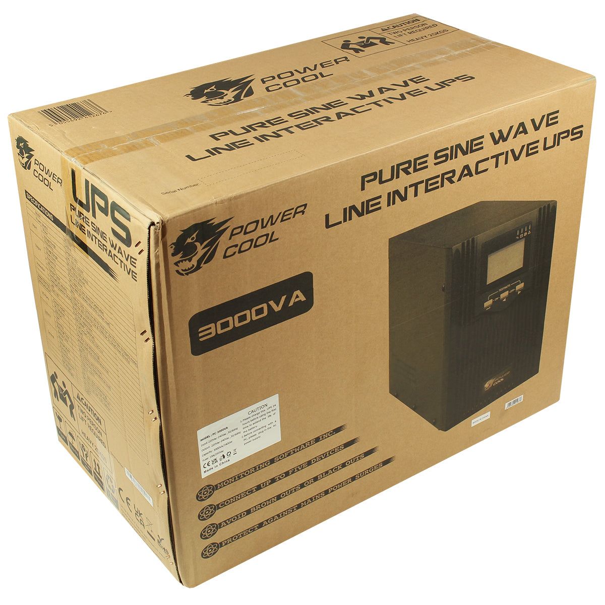 Powercool Smart UPS 3000VA 2 x UK Plug 3 x IEC RJ45 x 2 USB LCD Display