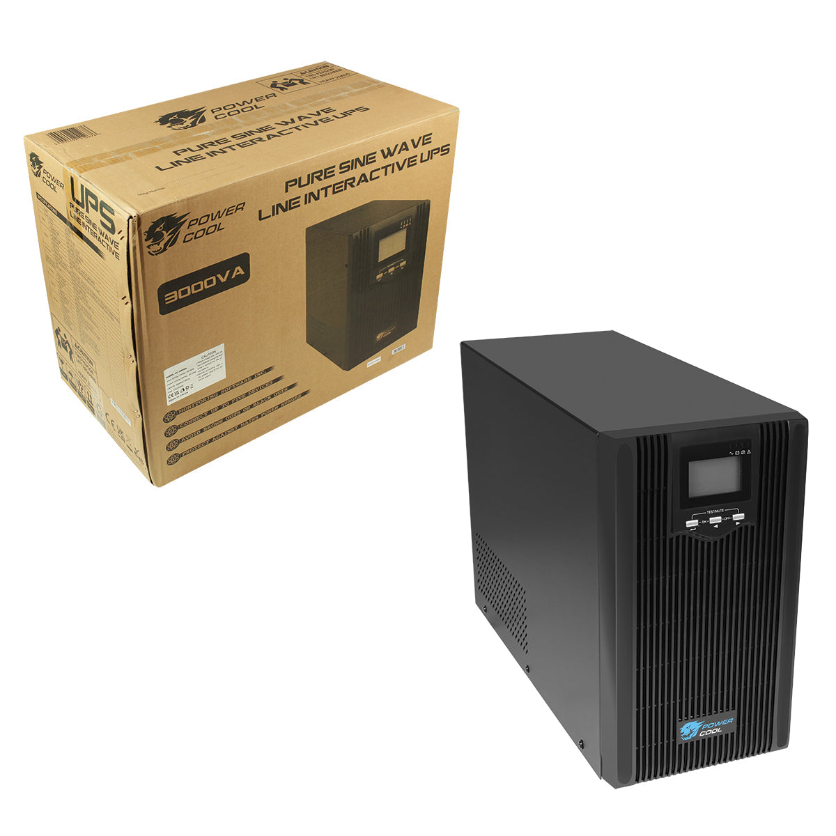 Powercool Smart UPS 3000VA 2 x UK Plug 3 x IEC RJ45 x 2 USB LCD Display Powercool
