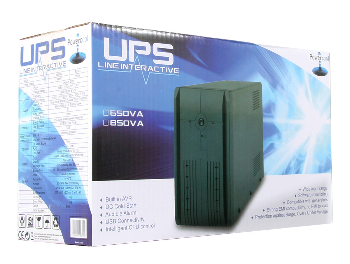 Powercool Smart UPS  850VA 2 x UK Plug RJ45 x 2 USB LED Display