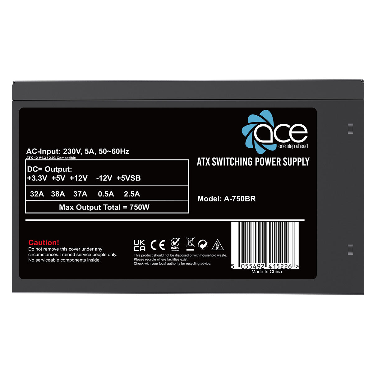 ACE 750w ATX PSU With 120mm Fan and Flat Black Cables - Destello