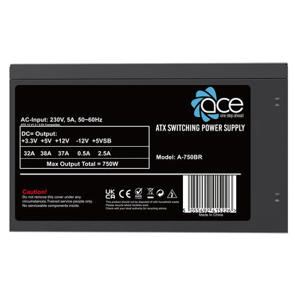 ACE 750w ATX PSU With 120mm Fan and Flat Black Cables - Destello