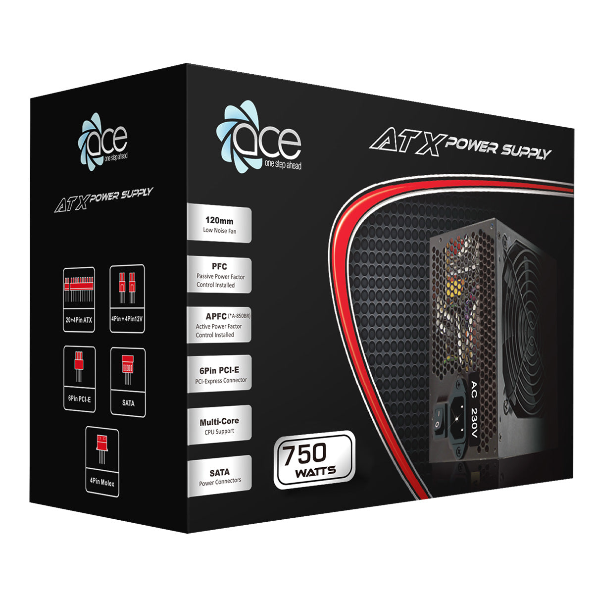 ACE 750w ATX PSU With 120mm Fan and Flat Black Cables - Destello