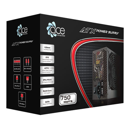 ACE 750w ATX PSU With 120mm Fan and Flat Black Cables - Destello