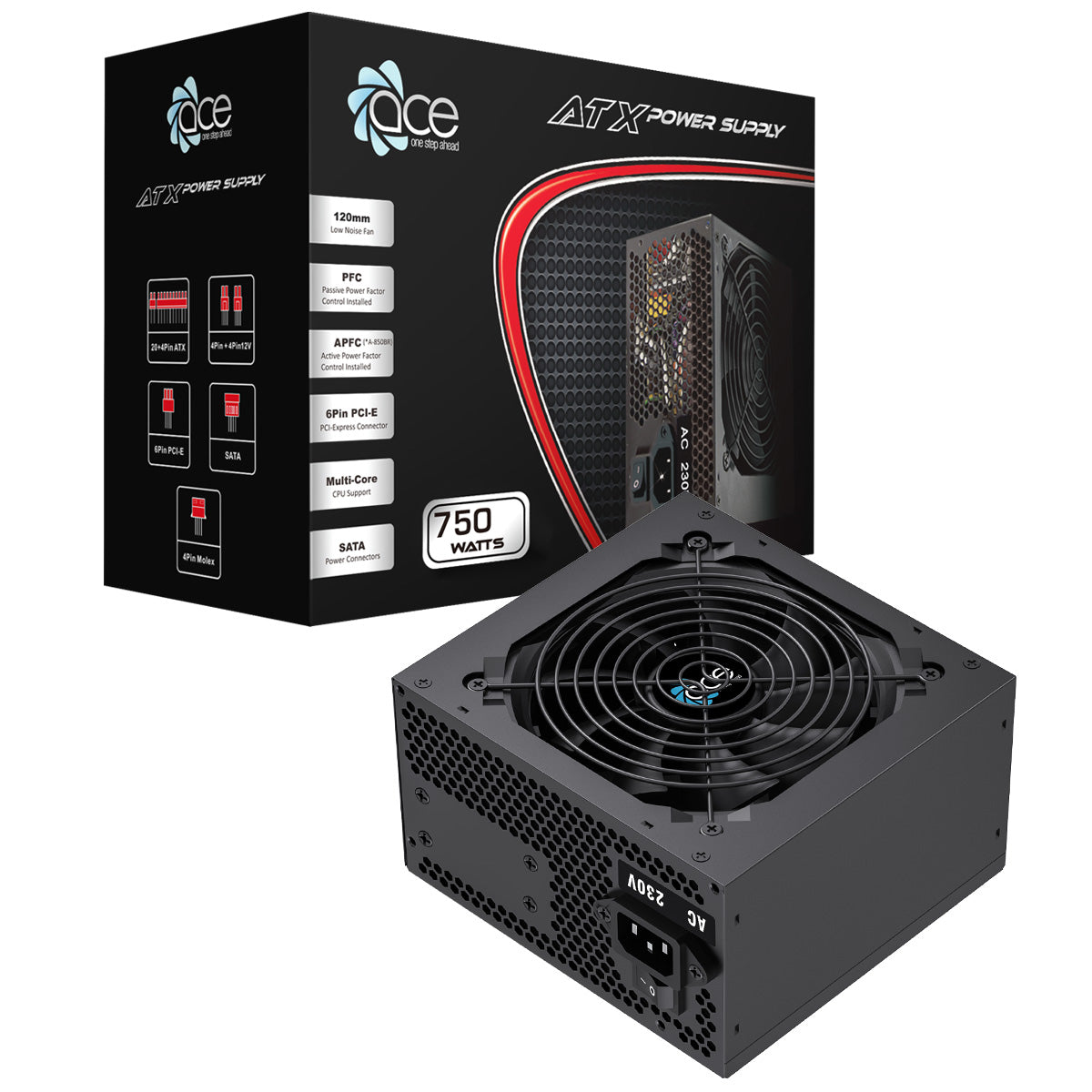 ACE 750w ATX PSU With 120mm Fan and Flat Black Cables - Destello