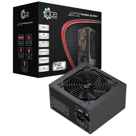 ACE 750w ATX PSU With 120mm Fan and Flat Black Cables - Destello