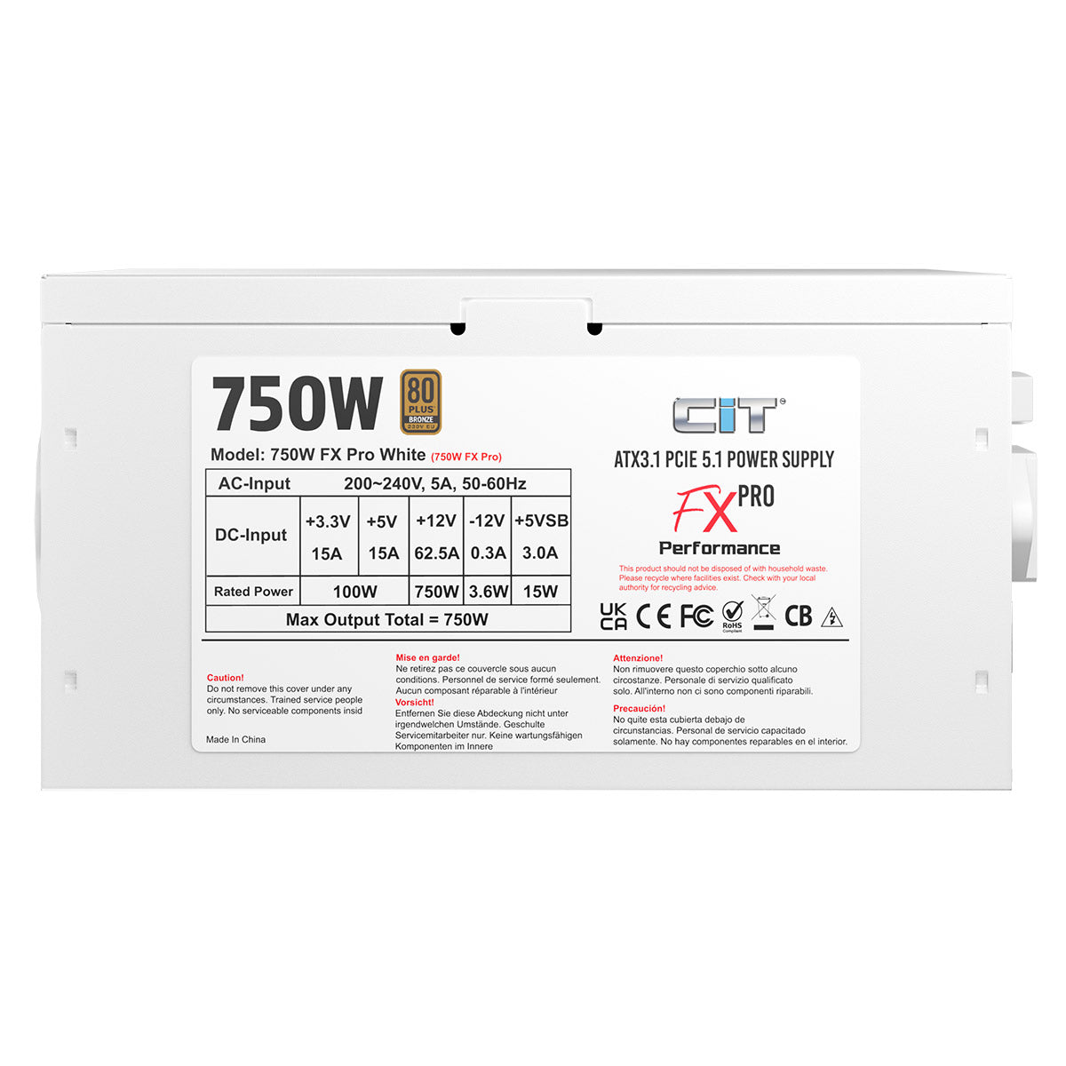 CiT FX Pro White ATX 3.1 PCIe 5.1 750W 80 Plus Bronze Power Supply - Destello
