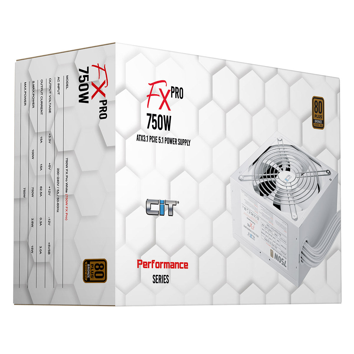 CiT FX Pro White ATX 3.1 PCIe 5.1 750W 80 Plus Bronze Power Supply - Destello