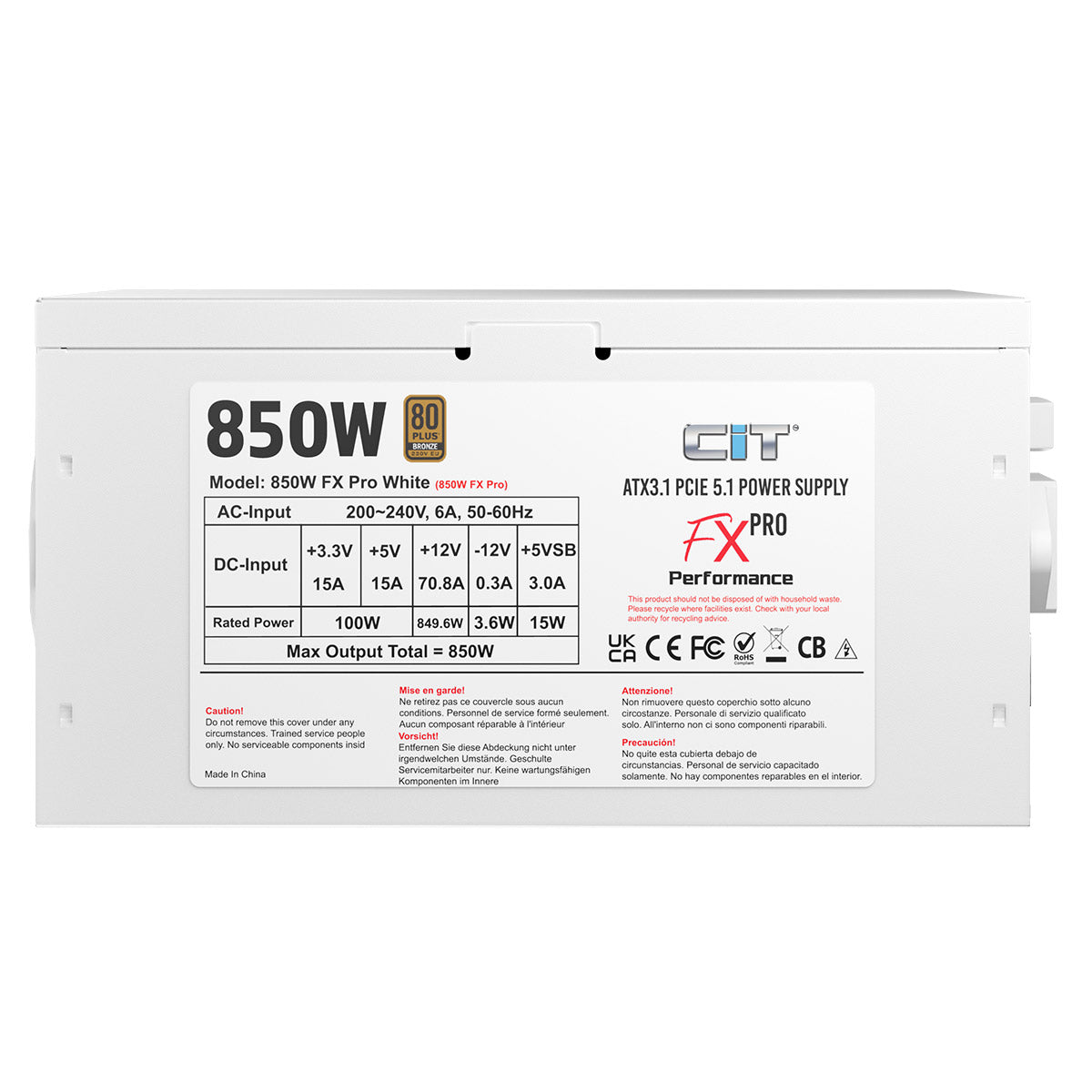 CiT FX Pro White ATX 3.1 PCIe 5.1 850W 80 Plus Bronze Power Supply