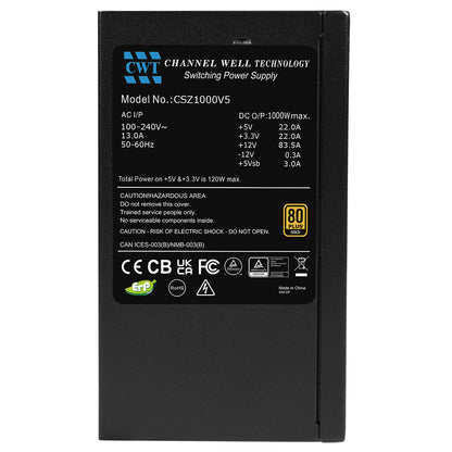 CWT 1000W Modular 80 Plus Gold ATX3.0 PCIe 5.0 Power Supply With 140mm FDB Black Fan