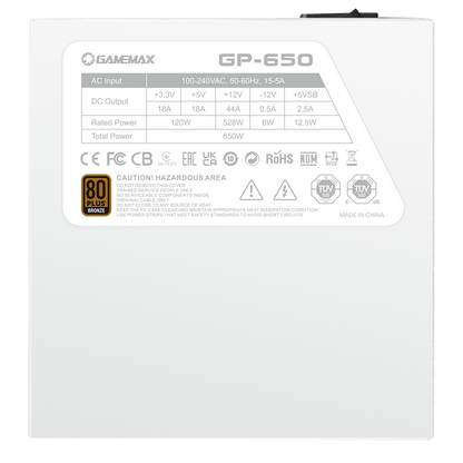 GameMax GP650 White 650W 80 Plus Bronze Wired Power Supply - Destello