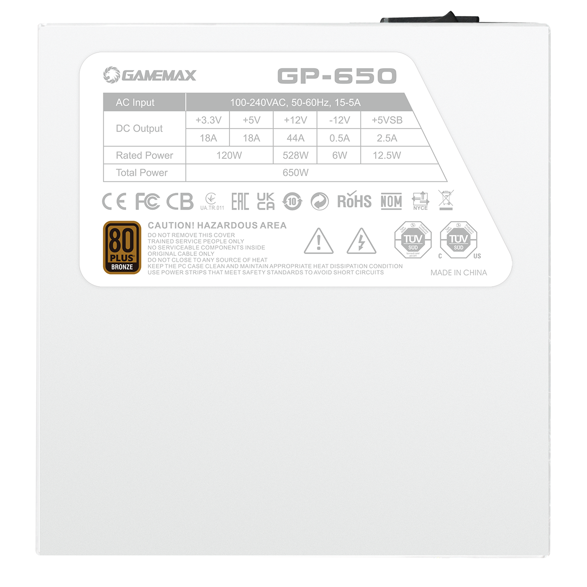 GameMax GP650 White 650W 80 Plus Bronze Wired Power Supply
