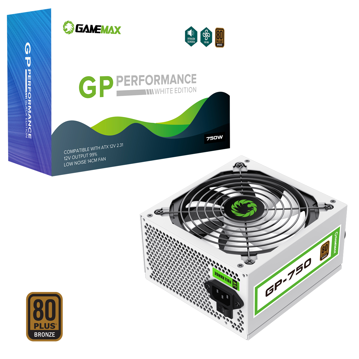 GameMax GP750 White 750W 80 Plus Bronze Wired Power Supply - Destello