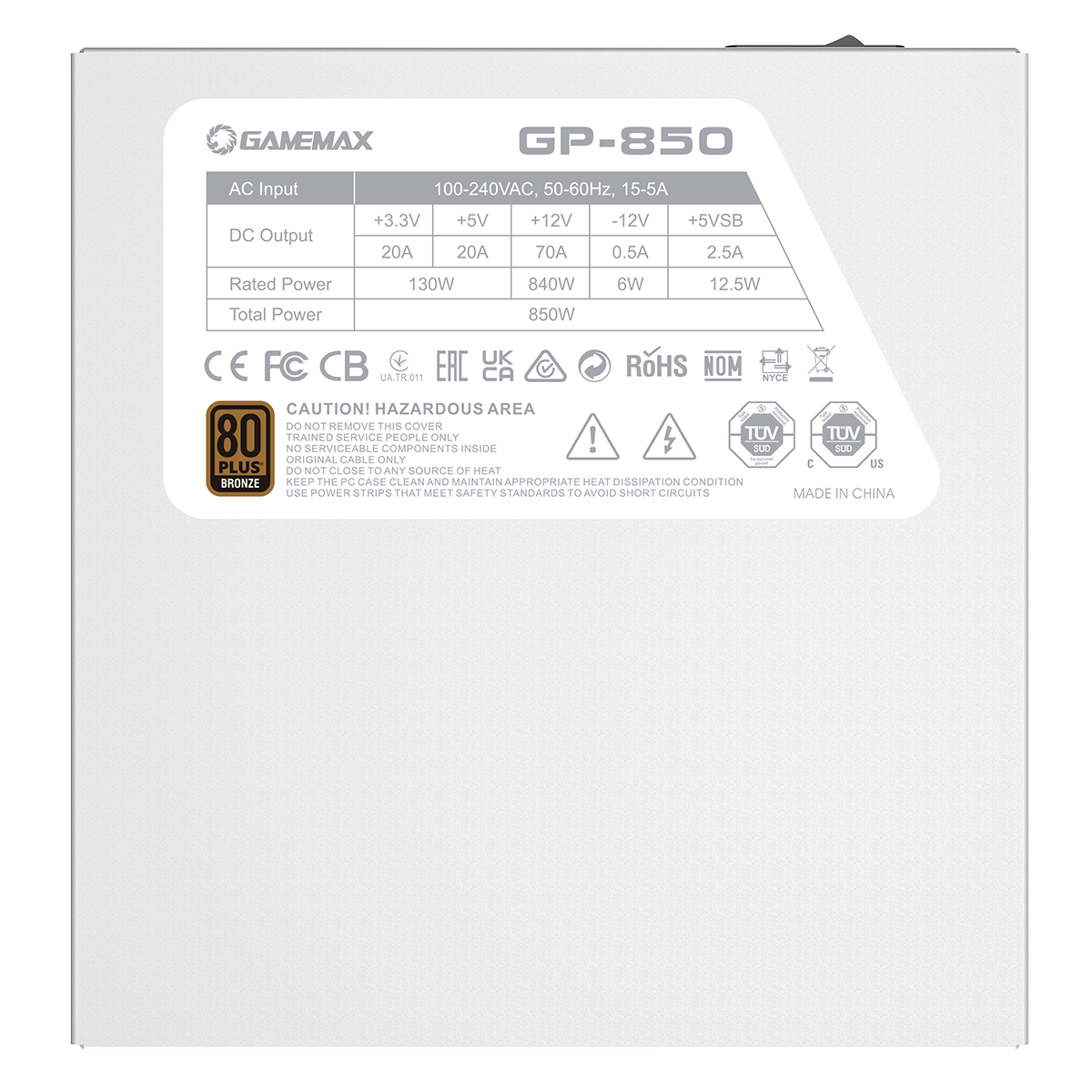 GameMax GP850 White 850W 80 Plus Bronze Wired Power Supply - Destello