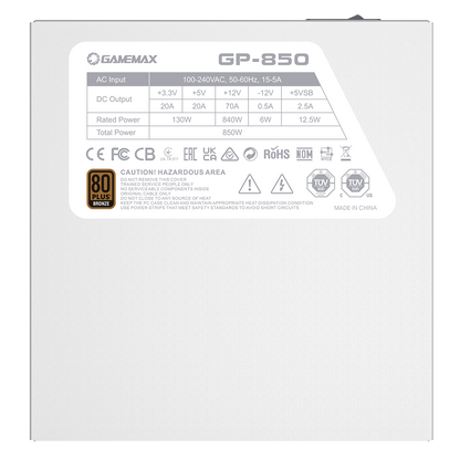 GameMax GP850 White 850W 80 Plus Bronze Wired Power Supply - Destello